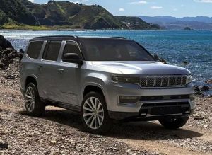 A photo of a 2023 Grand Wagoneer taken on a shoreline near Anderosn, Indiana