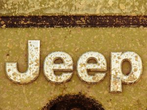 A Jeep logo photographed up close near Anderson, Indiana.