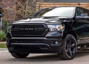 A photo of the front of a black 2024 Ram 1500 truck taken near Anderson, Indiana.