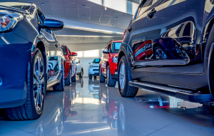 New cars lined up at a dealership near Anderson, Indiana.