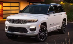 A white 2024 Jeep Grand Cherokee parked outside a house near Anderson, Indiana