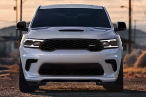 The front of a 2024 Dodge Durango parked on a dirt road near Anderson, Indiana