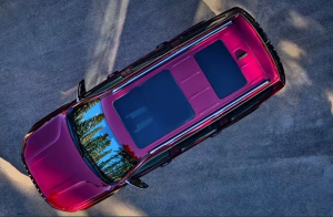 A top-down photo of a red 2024 Jeep Wagoneer parked on a street near Anderson, Indiana