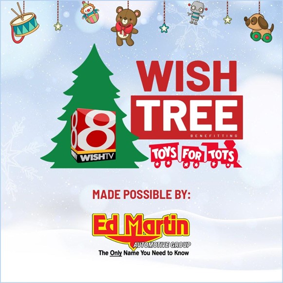 A festive graphic featuring a Christmas tree, 'Wish Tree' logo, and 'Toys for Tots' text, with holiday decorations.